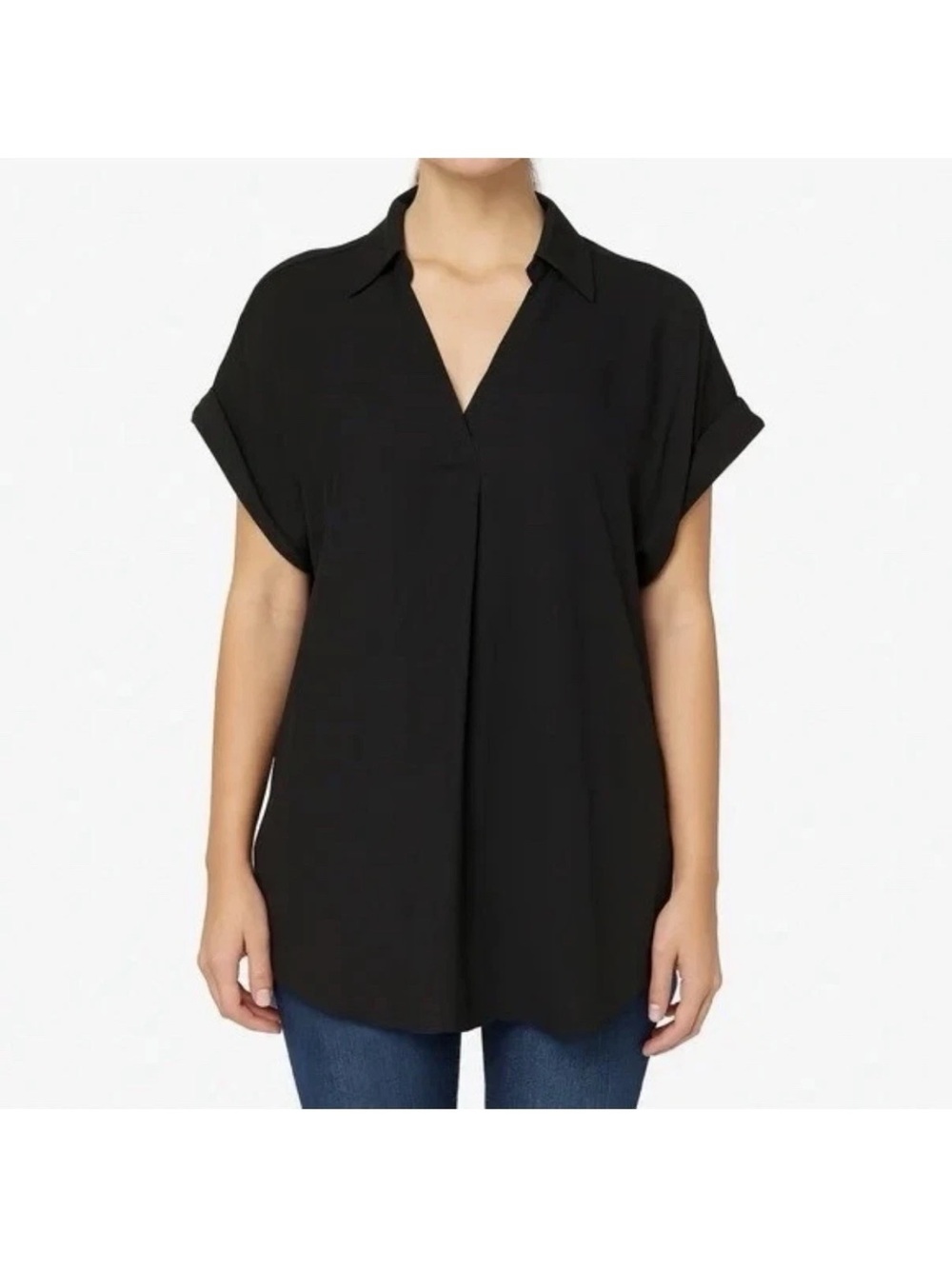 CAbi Black Replay Drapey V-Neck Short Sleeve Blouse Top